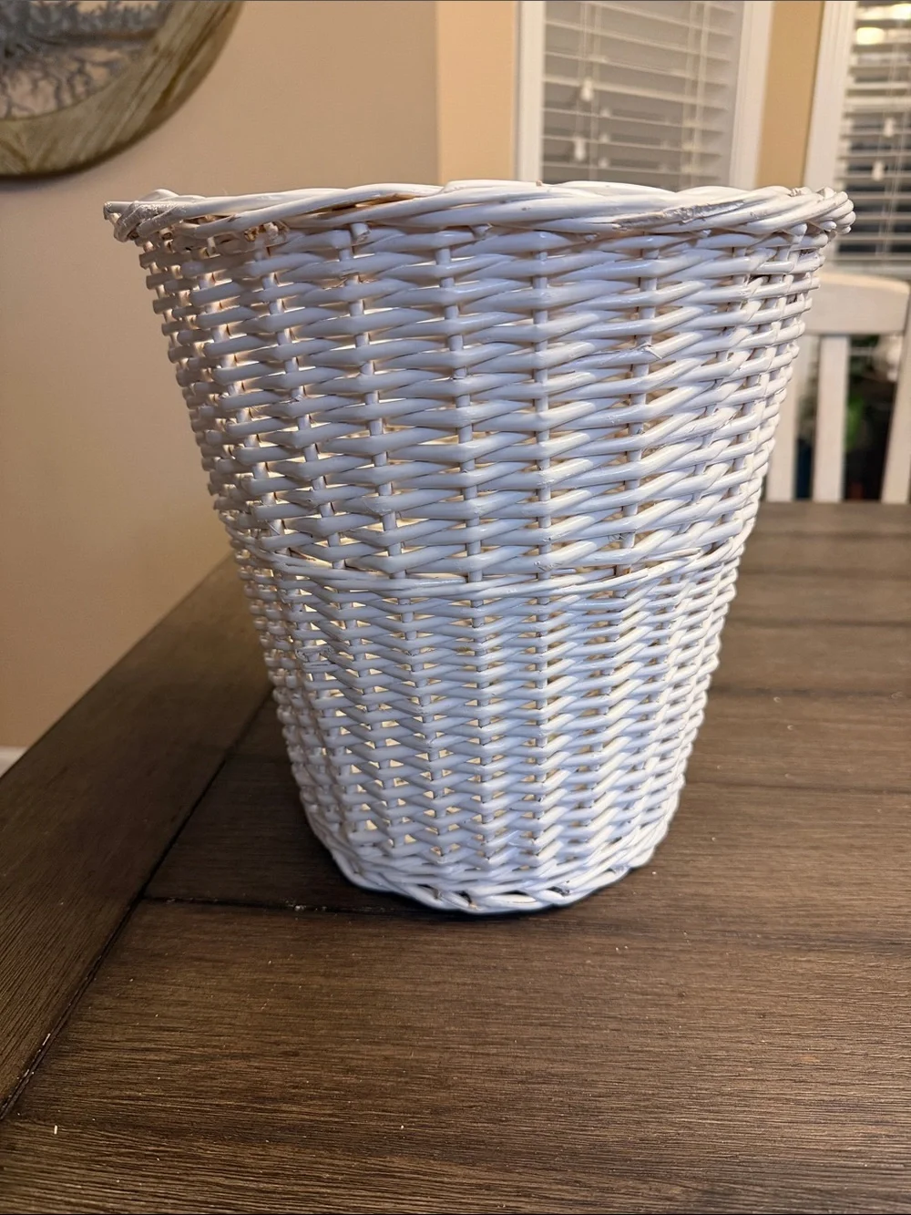 Vintage BOHO Cottage White Wicker Woven Beach Trash Basket / Wastebasket